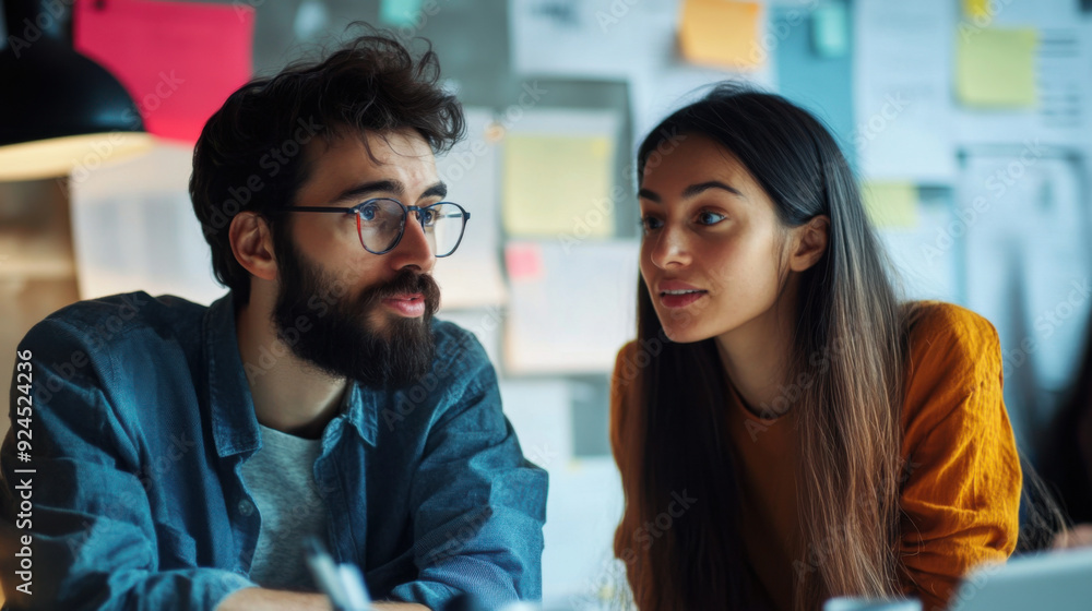 Poster in-depth conversation between a designer and project manager during a busy workday