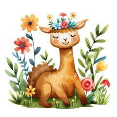 Fototapeta premium Charming Baby Alpaca with Flower Crown in a Colorful Meadow, Cartoon Watercolor Style