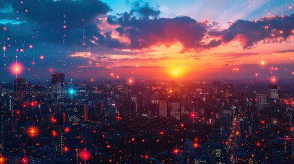 Fototapeta premium A futuristic city skyline with glowing lines connecting buildings, symbolizing urban connectivity and business. 