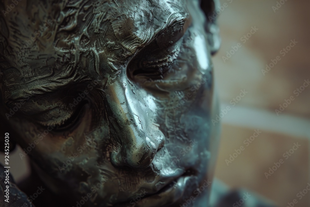 Poster close-up photo of a statue depicting a man's face, great for use in architectural or historical cont