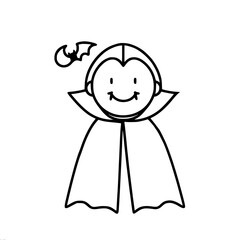 stylized single line vector simple drawing, black lines on a white background, smiling Dracula with a bat