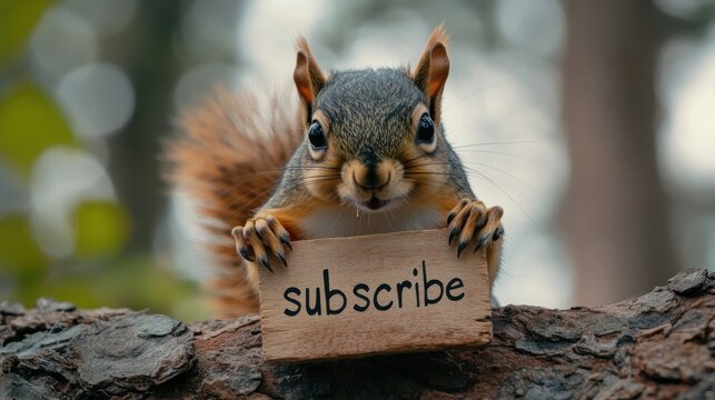 Adorable Squirrel in the Forest Holding a Subscribe Sign for Wildlife Enthusiasts