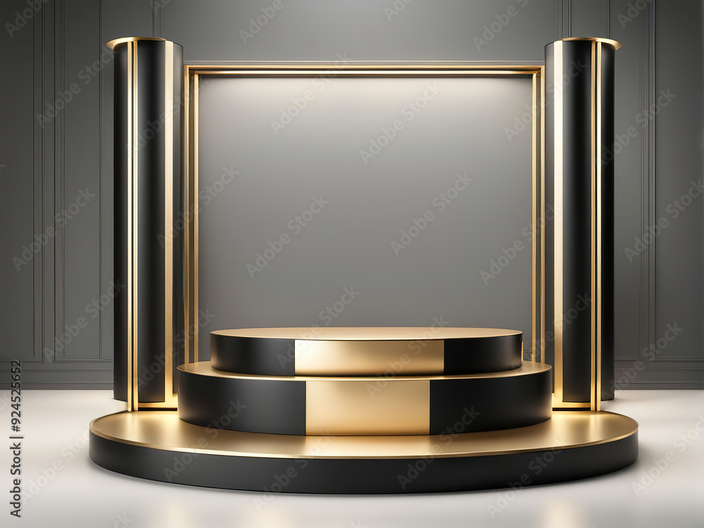 Poster elegant black and gold podium with empty space for product display.