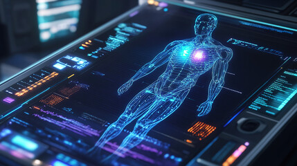 A close-up shot of a futuristic medical device scanning a patient's body, with a streamlined design and illuminated interface that highlights advanced medical technology.