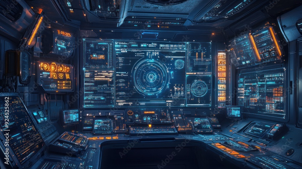 Poster futuristic spaceship control room with holographic interface