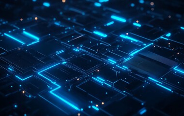 Abstract Blue Geometry: Glowing Lines and Shapes in a Deep Blue Background, Embracing the Concept of Digital Technology in 3D Render.