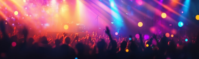 A large crowd of people at an electronic music concert, with bright lights and colorful rays of light from the stage behind them.