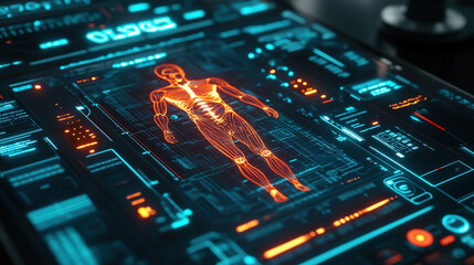 A close-up shot of a futuristic medical device scanning a patient's body, with a streamlined design and illuminated interface that highlights advanced medical technology.