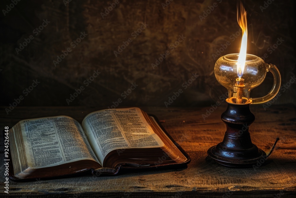Poster An open book sits on a wooden table next to a lit candle, perfect for use in scenes with reading or learning