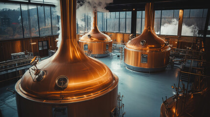 Large copper brewing vats in a state-of-the-art brewery, with steam rising from the top