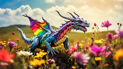 Obraz premium A playful dragon frolicking in a field of wildflowers, its colorful scales blending in with the vibrant blooms