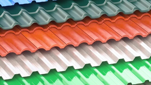 Different types of roof coating. Layers of sheet metal profiles, ceramic tiles and others. 3d