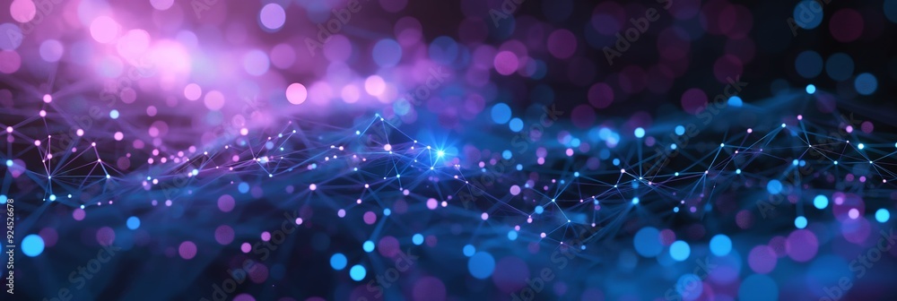 Poster a stunning abstract representation of data networks portrayed in purple hues with glowing nodes and 