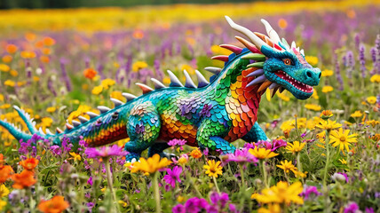 A playful dragon frolicking in a field of wildflowers, its colorful scales blending in with the vibrant blooms