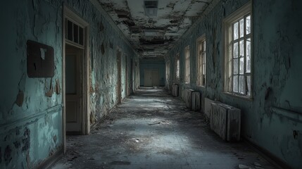 Abandoned Hallway with Peeling Paint.