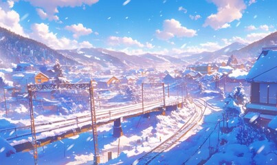 Fototapeta premium Enchanting Winter Wonderland: Aerial View of Snowy Overpass in Dreamy Anime Style. Whimsical Cartoon Landscape with Falling Snowflakes, Roads, and Bridges for Creative Marketing, Book Covers, and Game