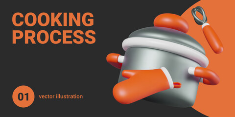 Food preparation, cooking process. Realistic pan, oven glove, whisk