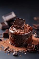 A velvety chocolate soufflé is surrounded by rich chocolate shavings, creating a decadent presentation that highlights its indulgent and rich flavor profile.