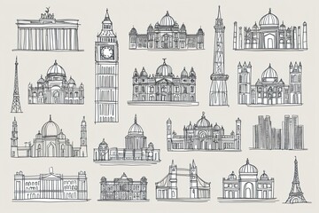 Fototapeta premium Delicate Line Drawings of Famous Landmarks on Light Backgrounds Showcasing Travel Stories