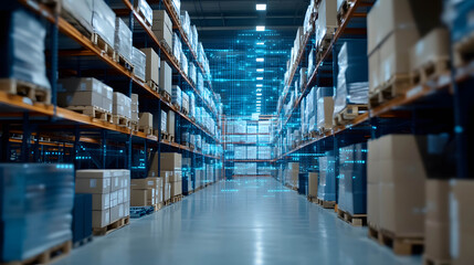 Fototapeta premium Smart warehouse and storehouse, using modern technology and AI to help increase the efficiency of the industry and warehouse concept