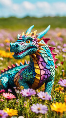 A playful dragon frolicking in a field of wildflowers, its colorful scales blending in with the vibrant blooms