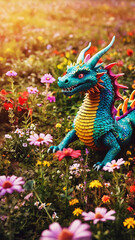 Obraz premium A playful dragon frolicking in a field of wildflowers, its colorful scales blending in with the vibrant blooms