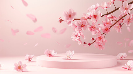 A Round Podium with a Branch of Sakura Cherry Blossoms