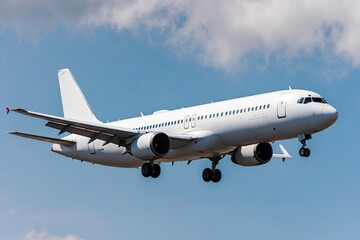 Obraz premium Side Profile of White Commercial Airplane in Flight Isolated on White Background
