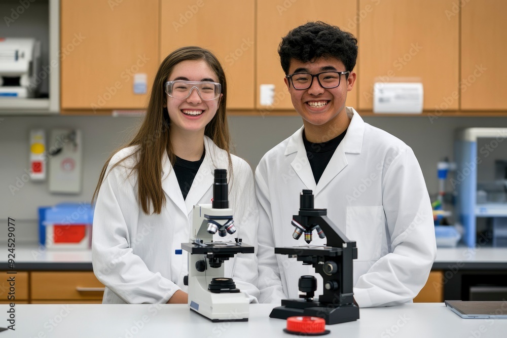 Poster two students in lab coats smiling at the camera with microscopes in front of them