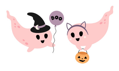 Halloween clipart. Pink Halloween clipart in cartoon flat style. Pink ghost clipart. Cute ghost doodle. Hand drawn vector illustration.