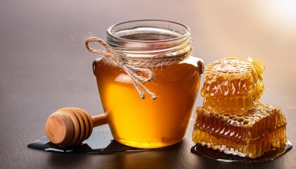 Organic Honey in Glass Jar with Honey Dipper and Honeycombs: Natural Food Setting"