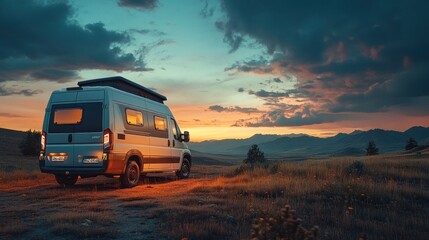 Camper Van Sunset Mountain Landscape