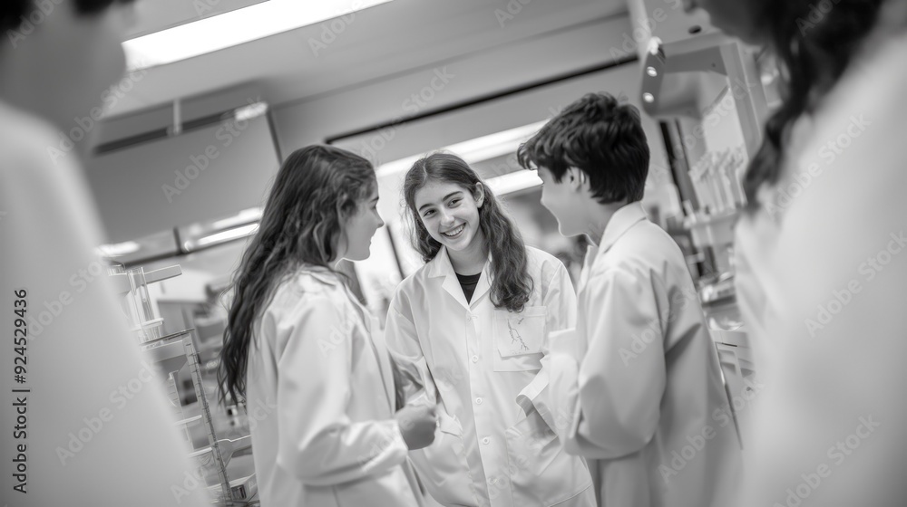 Poster smiling students in white lab coats in a lab setting