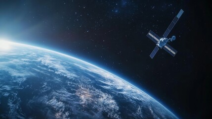 A satellite in orbit above the Earth, with lights shining on it and light beams extending to the continents below.