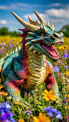 A playful dragon frolicking in a field of wildflowers, its colorful scales blending in with the vibrant blooms