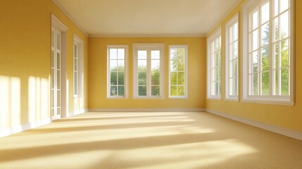 Obraz premium An empty room featuring beige and yellow colors, with a carpeted floor and numerous windows, located in the Northwest USA.