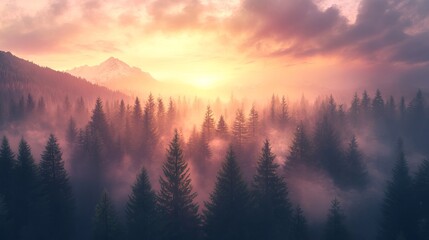 Obraz premium A panoramic landscape of a forest and mountain at sunset, with the sky ablaze in warm hues.