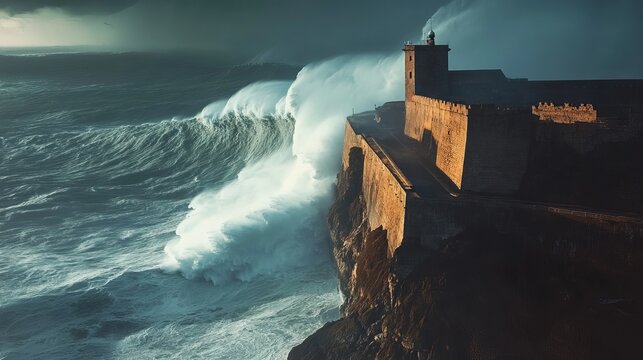A photo of the Forte de S&atilde;o Miguel Arcanjo perched on top of a cliff in Nazar&eacute;, Portugal, during a storm with towering waves.