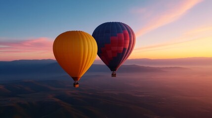 Obraz premium Hot air balloons, pastel dawn, serene aerial view, calm landscape, warm pastel tones, peaceful flight, light clouds