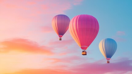 Obraz premium Hot air balloons, pastel hues, serene sky, peaceful sunrise, gentle clouds, floating adventure, calm atmosphere