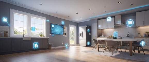 illustrate the concept of the Internet of Things with an image of a smart home, featuring various connected devices and appliances, shot from a low angle with a wide-angle lens
