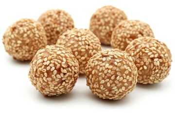 A cluster of sesame-coated sweet treats arranged on a white background.