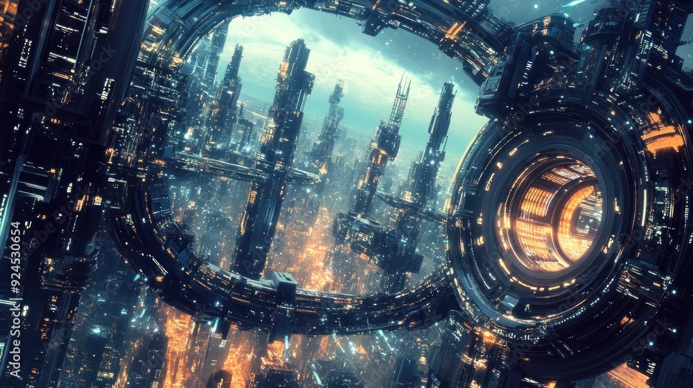 Poster futuristic cityscape viewed through a circular structure