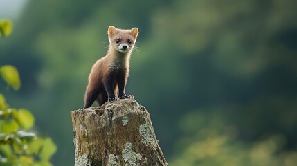 A young stone marten, also known as a beech marten (Martes foina), standing on a tree stump in Normandy, France.