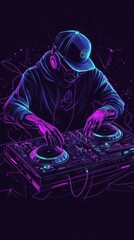 DJ spinning tunes on digital decks in a neon ambiance