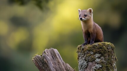 A young stone marten, also known as a beech marten (Martes foina), standing on a tree stump in Normandy, France.