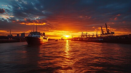 A sunset over the harbor in Hamburg, casting a warm glow across the water.