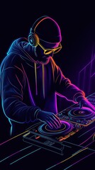 Neon DJ at Work with Mixing Deck and Headphones