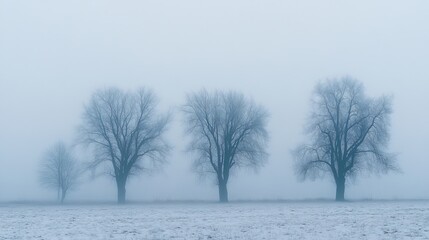 Fototapeta premium Trees shrouded in a misty haze on a gloomy winter day in Pasterka village, Poland.