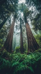 Towering redwoods stretch skyward, surrounded by lush ferns and a mystical fog